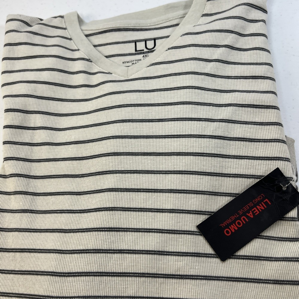 NWT Linea Uomo LU Cream with‎ Black Stripes Waffle Knit Thermal V-Neck Size 4XL
